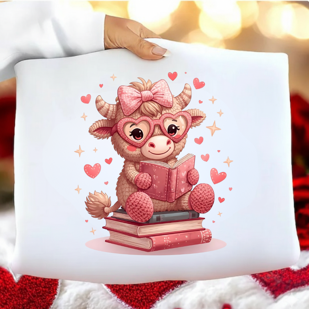 Cute cartoon bull with glasses and a bow reading a book on a white pillow with heart designs.