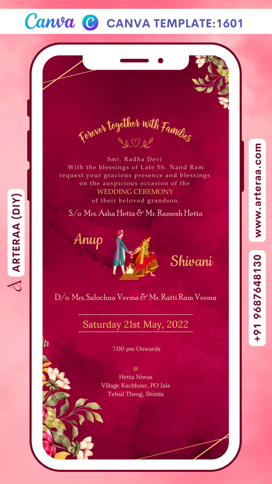 Wedding ceremony invitation card Canva Editable Template of hindu north indian family in english language with minimalistic theme design 1601