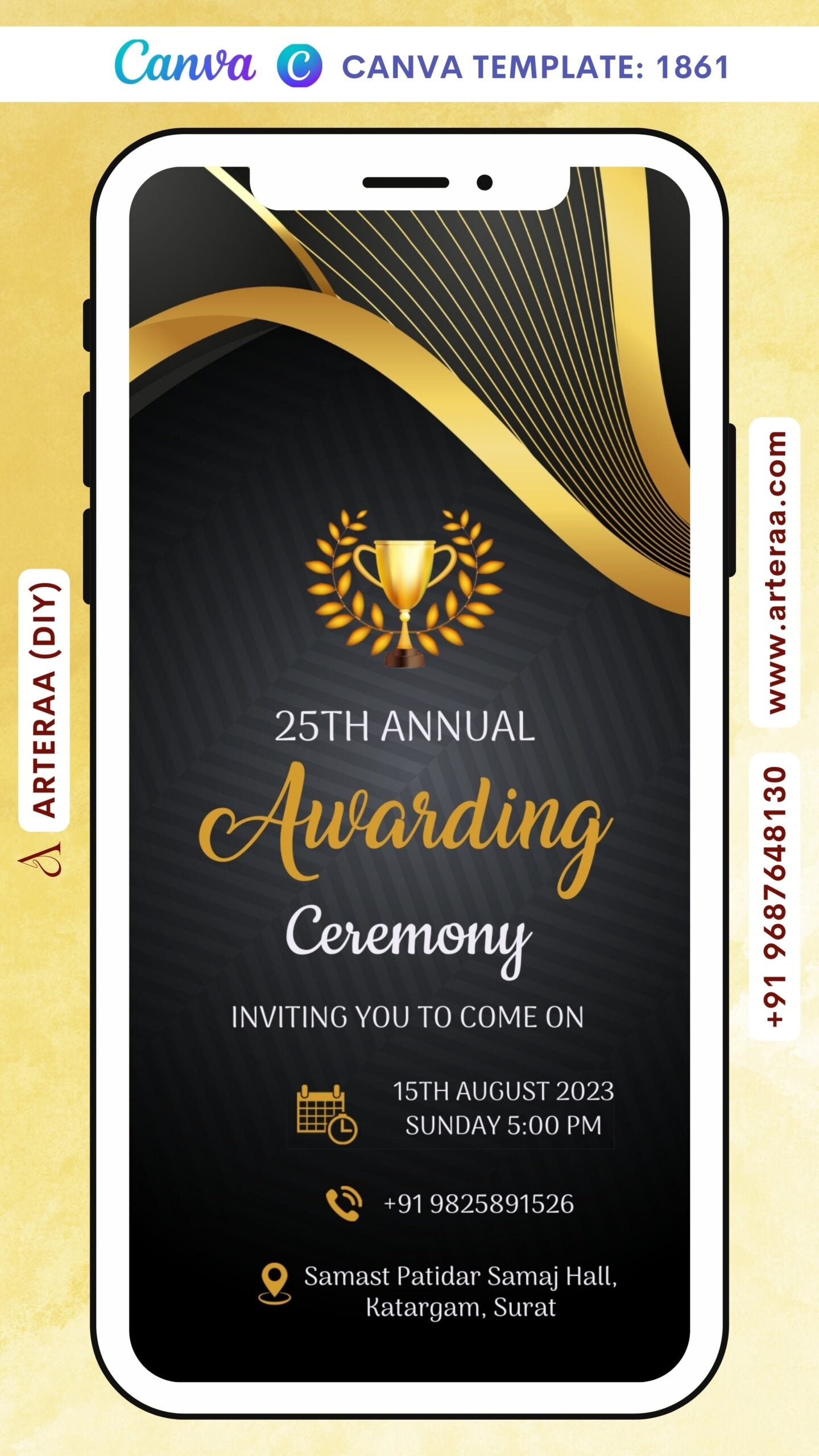 Award ceremony invitation card Canva Editable Template in english language with award, golden lines as elegant theme design 1861