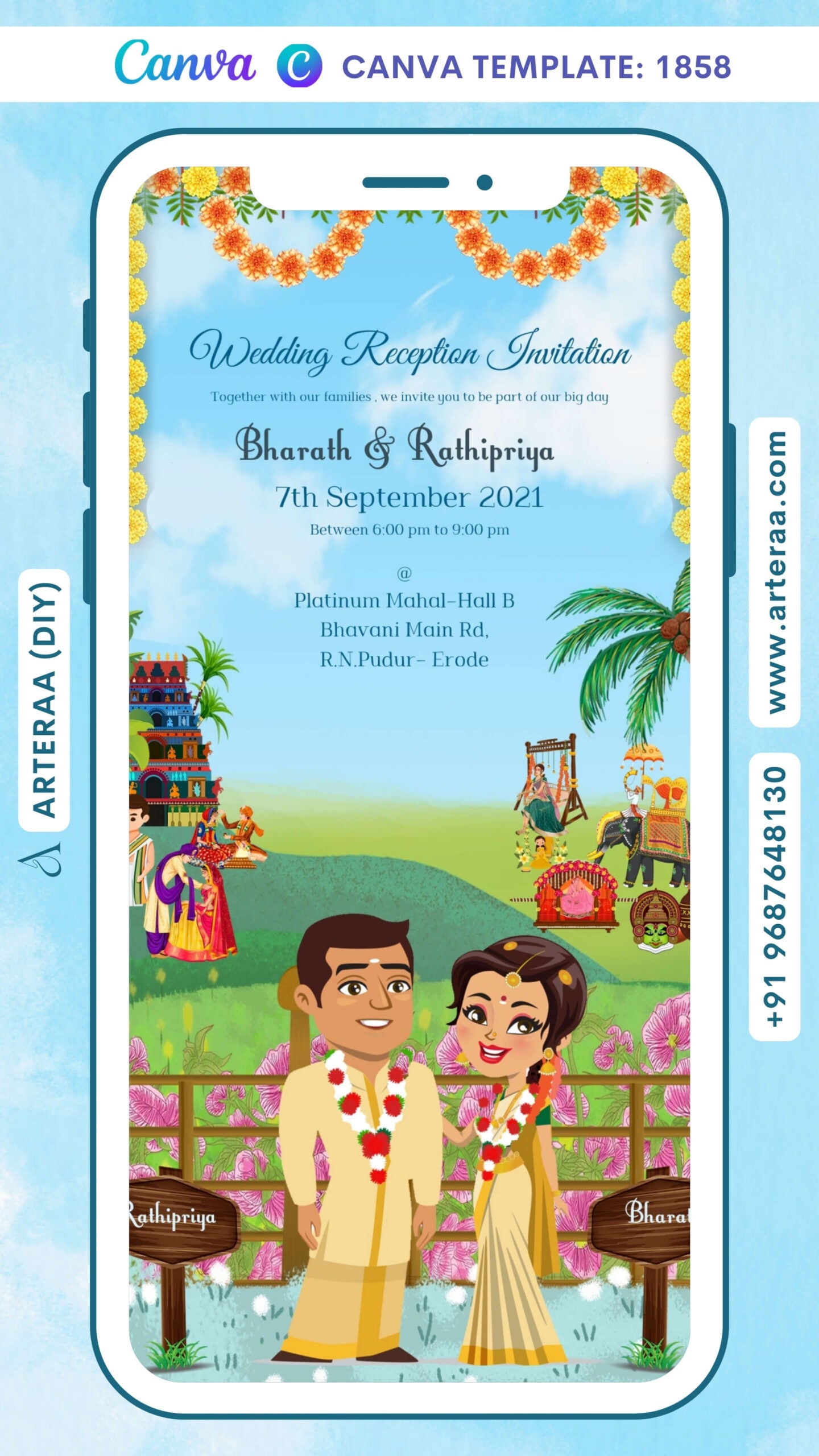 Reception Party invitation card in Canva Editable Template english language with couple doodle, marigold garland as traditional theme design 1858