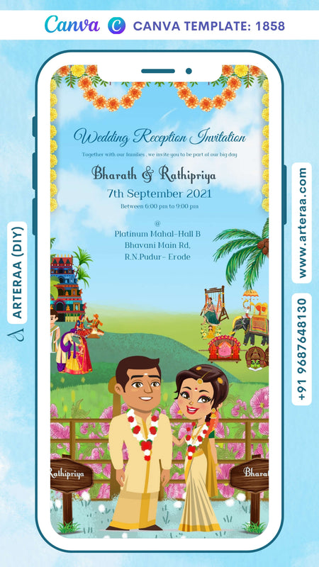 Reception Party invitation card in Canva Editable Template english language with couple doodle, marigold garland as traditional theme design 1858