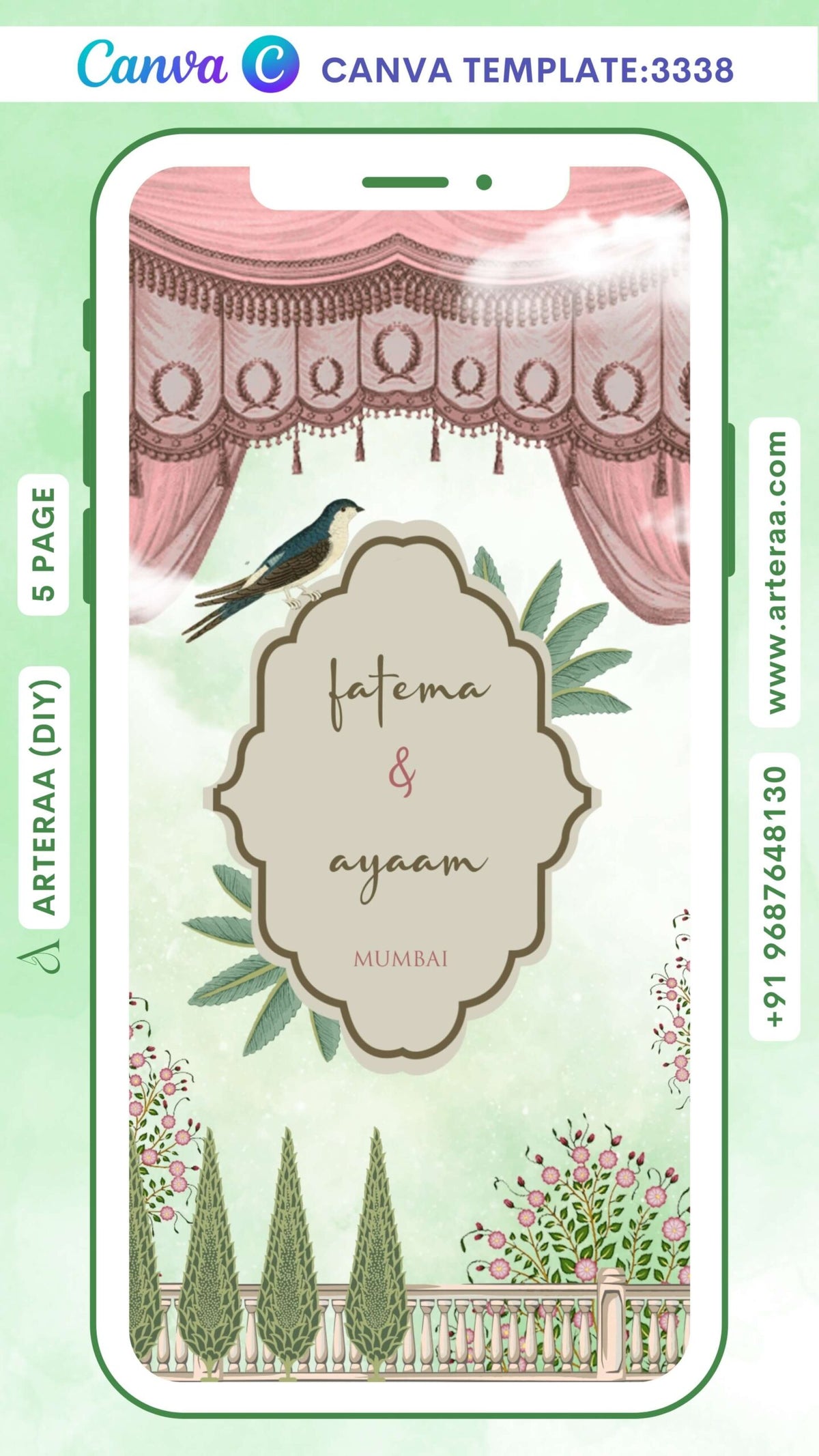 Wedding ceremony invitation Canva Editable video Template of hindu maharashtrian marathi family in English language with Arch theme design 3338