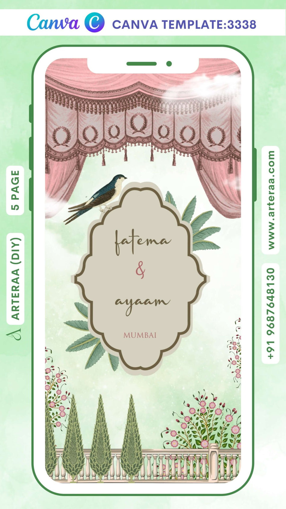 Wedding ceremony invitation Canva Editable video Template of hindu maharashtrian marathi family in English language with Arch theme design 3338