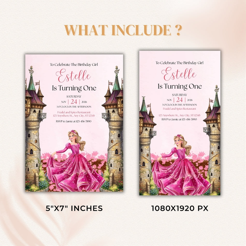 Princess Birthday Invitation Canva Template, Pink Princess Party Invite, Castle Birthday Invite Girl, Editable Canva, Instant Download A 1198