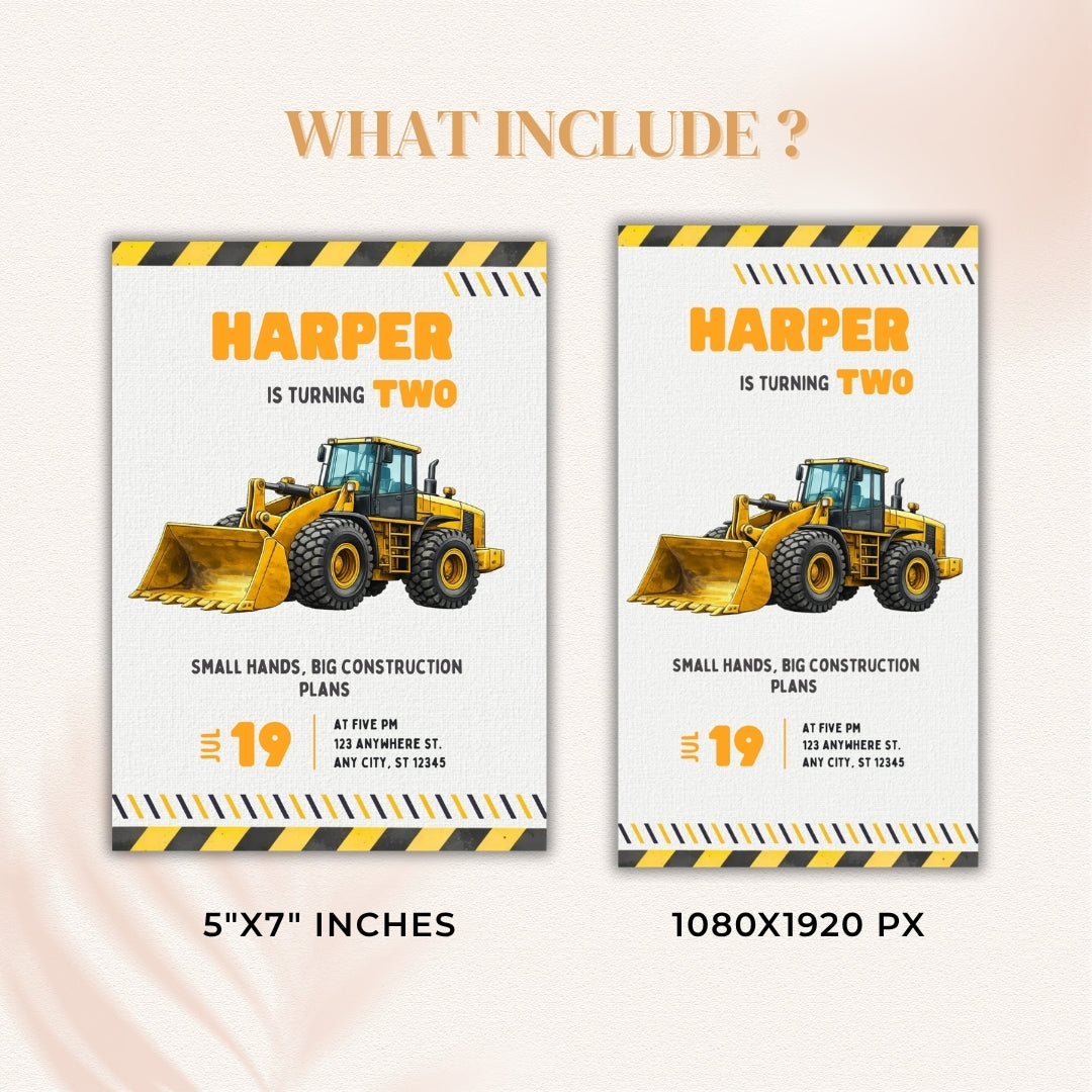 Two construction-themed birthday invitations with a bulldozer graphic and text.