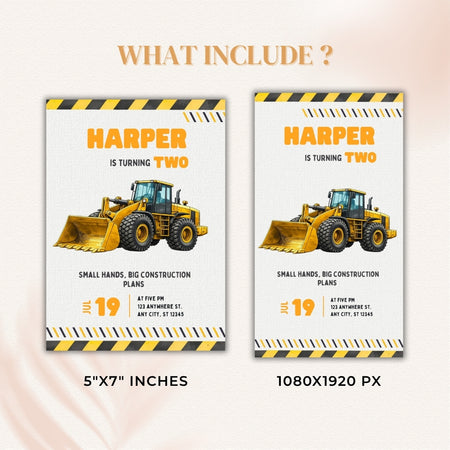 Two construction-themed birthday invitations with a bulldozer graphic and text.