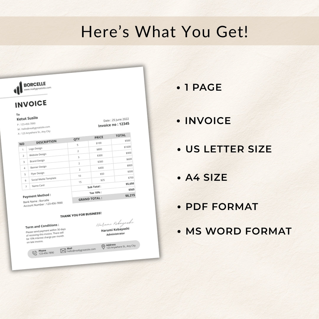 Invoice template with Borcelle branding on a beige background, listing features like 1-page invoice, US Letter/A4 size, PDF/MS Word format.