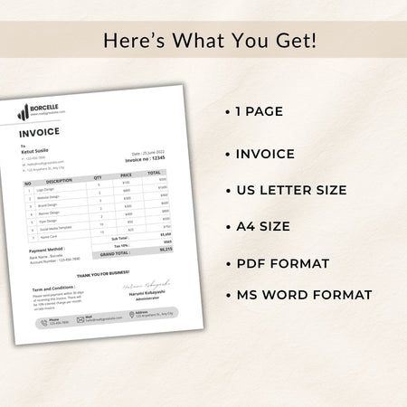 Invoice template with Borcelle branding on a beige background, listing features like 1-page invoice, US Letter/A4 size, PDF/MS Word format.