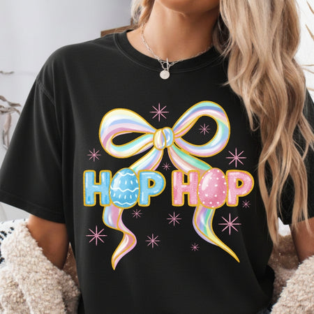 Black t-shirt with colorful bow and 'Hop Hop' text design.