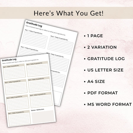 Two gratitude log pages with product details on a light pink background
