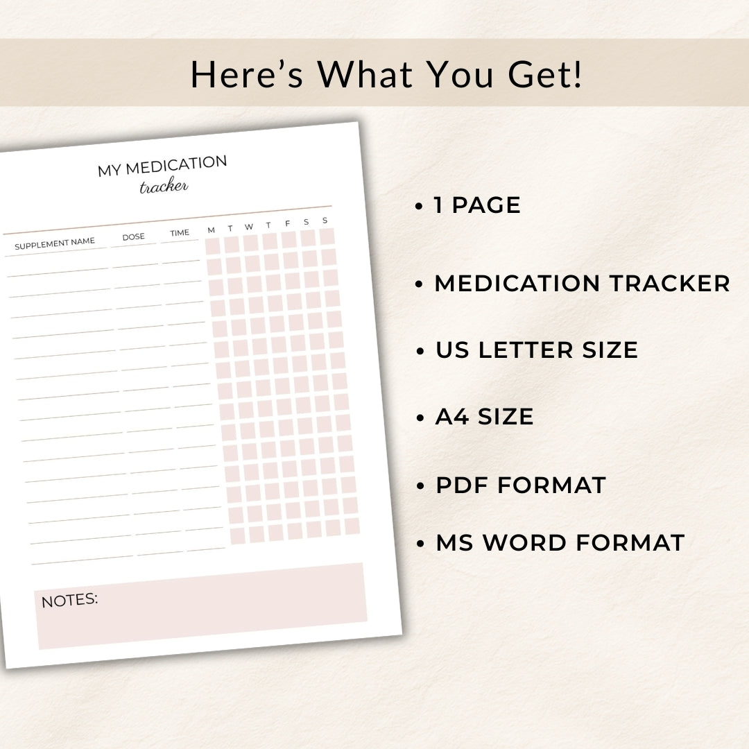 Medication tracker sheet with product details on a beige background