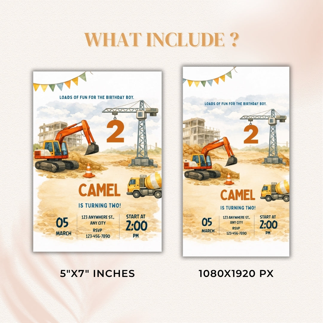 Two construction-themed birthday invitations with excavator and crane graphics on a light background.