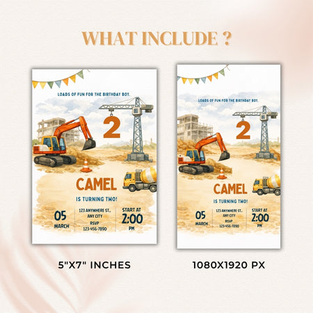 Two construction-themed birthday invitations with excavator and crane graphics on a light background.
