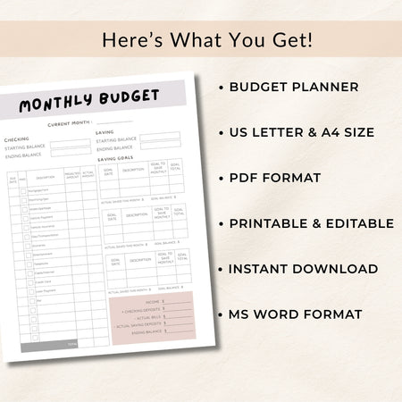 Monthly budget planner with product details on a beige background