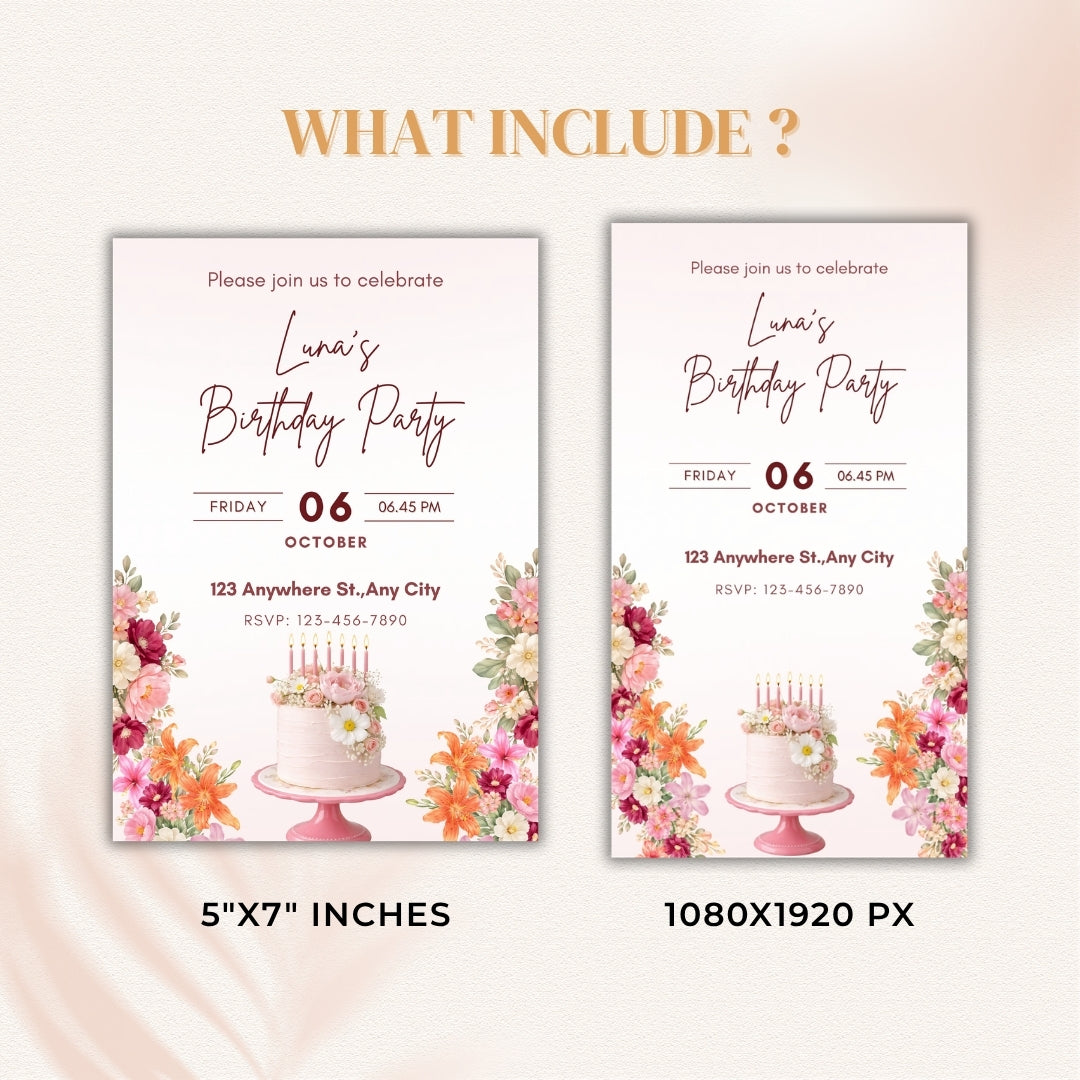Two birthday party invitations with floral designs and cake illustrations on a light pink background.