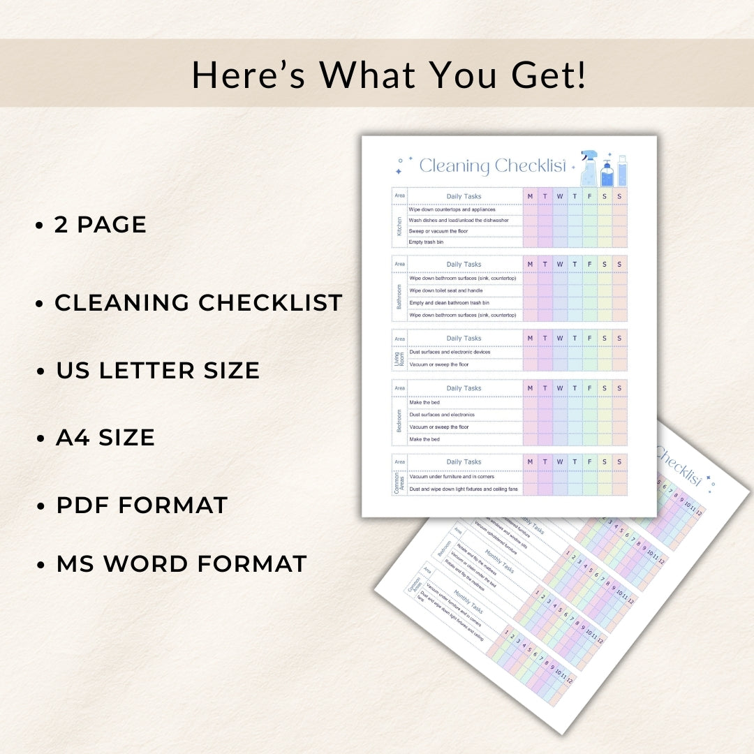 Cleaning checklist with pastel colors on a beige background