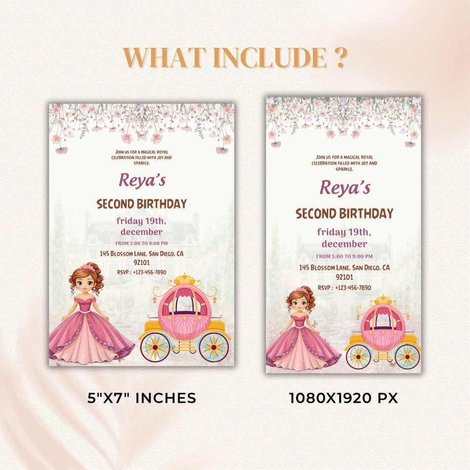 Princess Carriage Birthday Invitation, Fairytale Birthday, Royal Invite, Girl's 2nd Birthday, Editable Princess Invite, Magical Party Invite A 1189