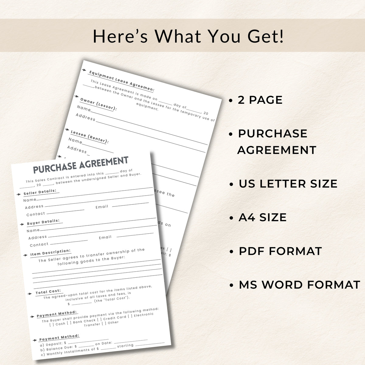 Two pages of a purchase agreement with text detailing the included formats and sizes.