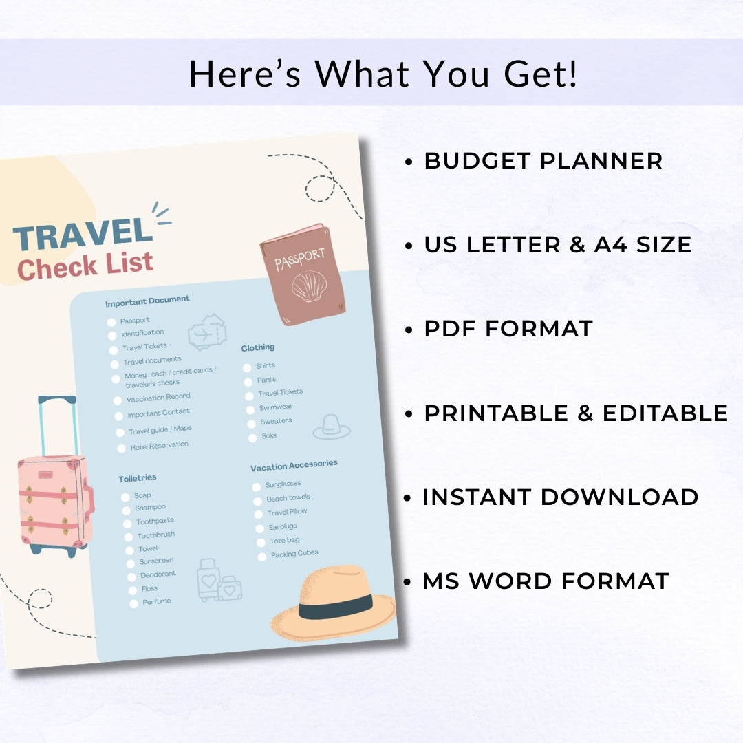Travel checklist with passport and suitcase illustration on a white background