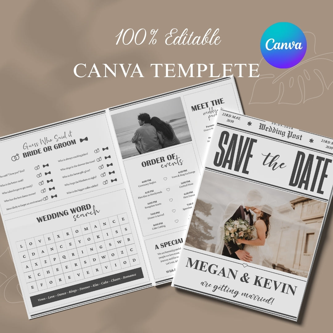 Wedding planning checklist and 'Save the Date' card with Canva branding.