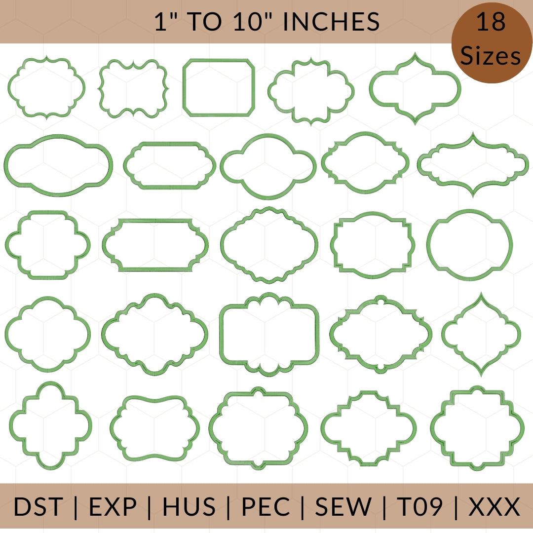 Set of green label templates with sizes ranging from 1" to 10" inches on a beige background.