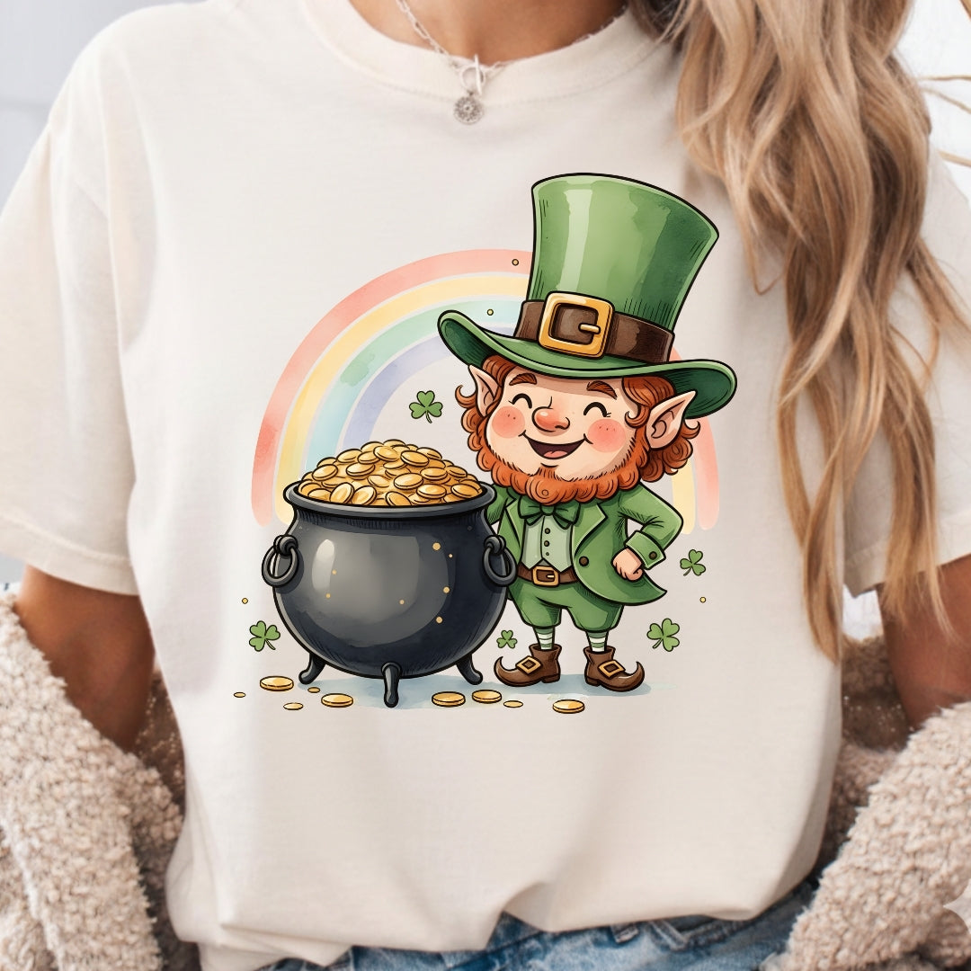 White t-shirt with a cartoon leprechaun and pot of gold design.
