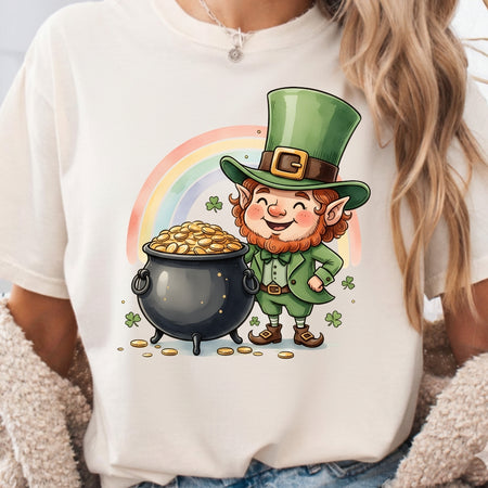 White t-shirt with a cartoon leprechaun and pot of gold design.