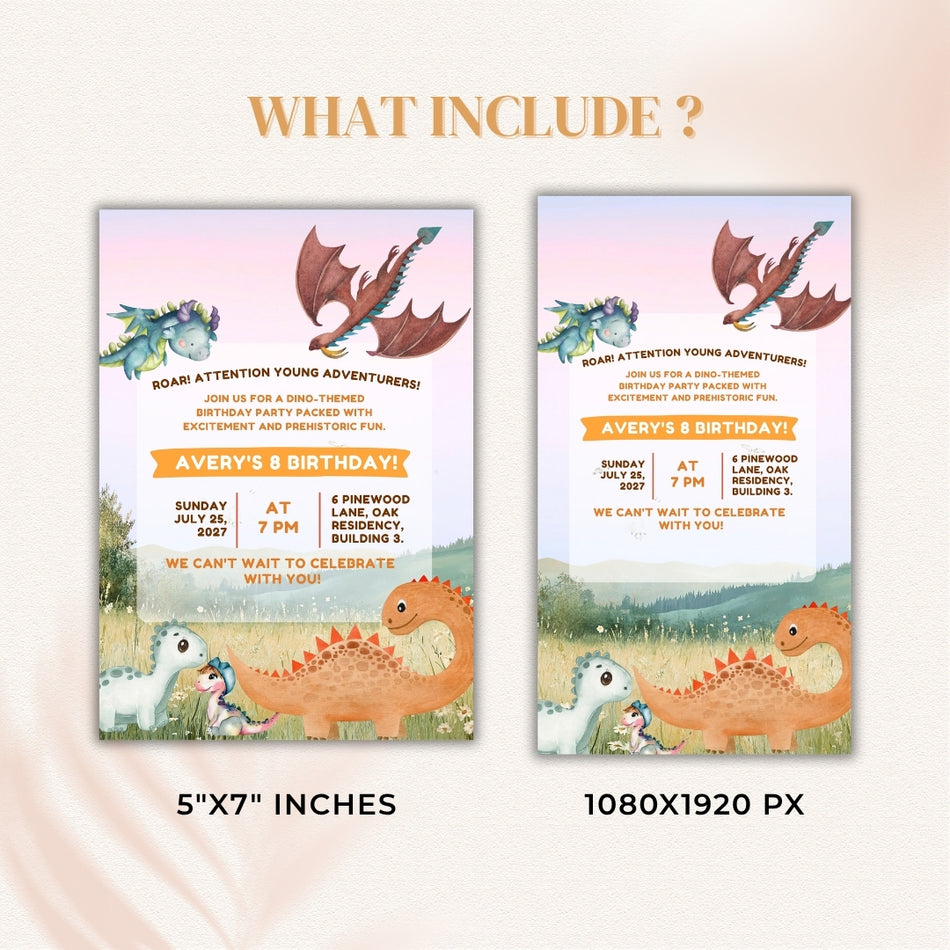 Watercolor Dinosaur Birthday Invitation Cute Dino Birthday Party Invite Kids Party Invitation Dragon Dino Theme Birthday Invite Digital Card A 1167