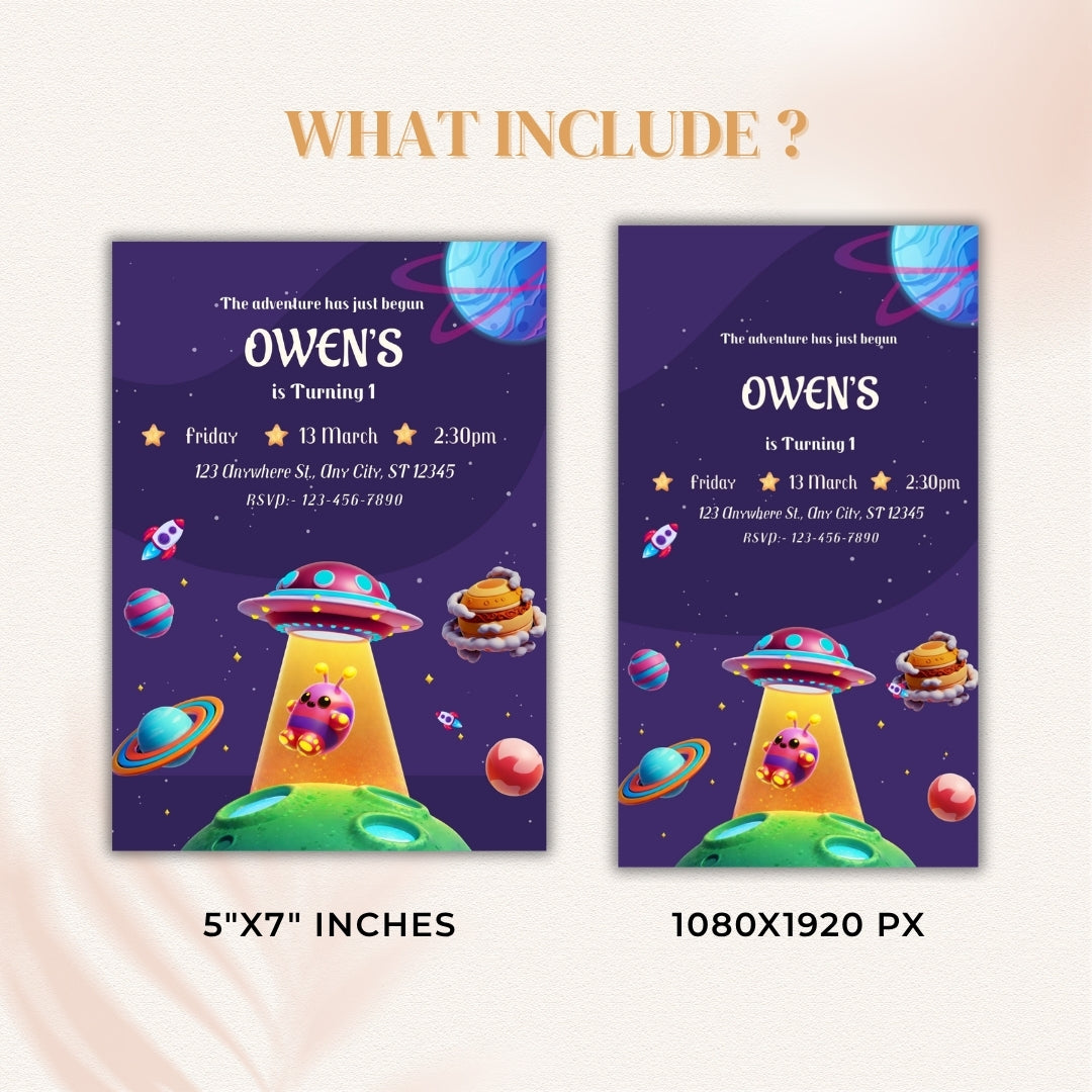 Two space-themed birthday invitations with UFOs and planets on a purple background.