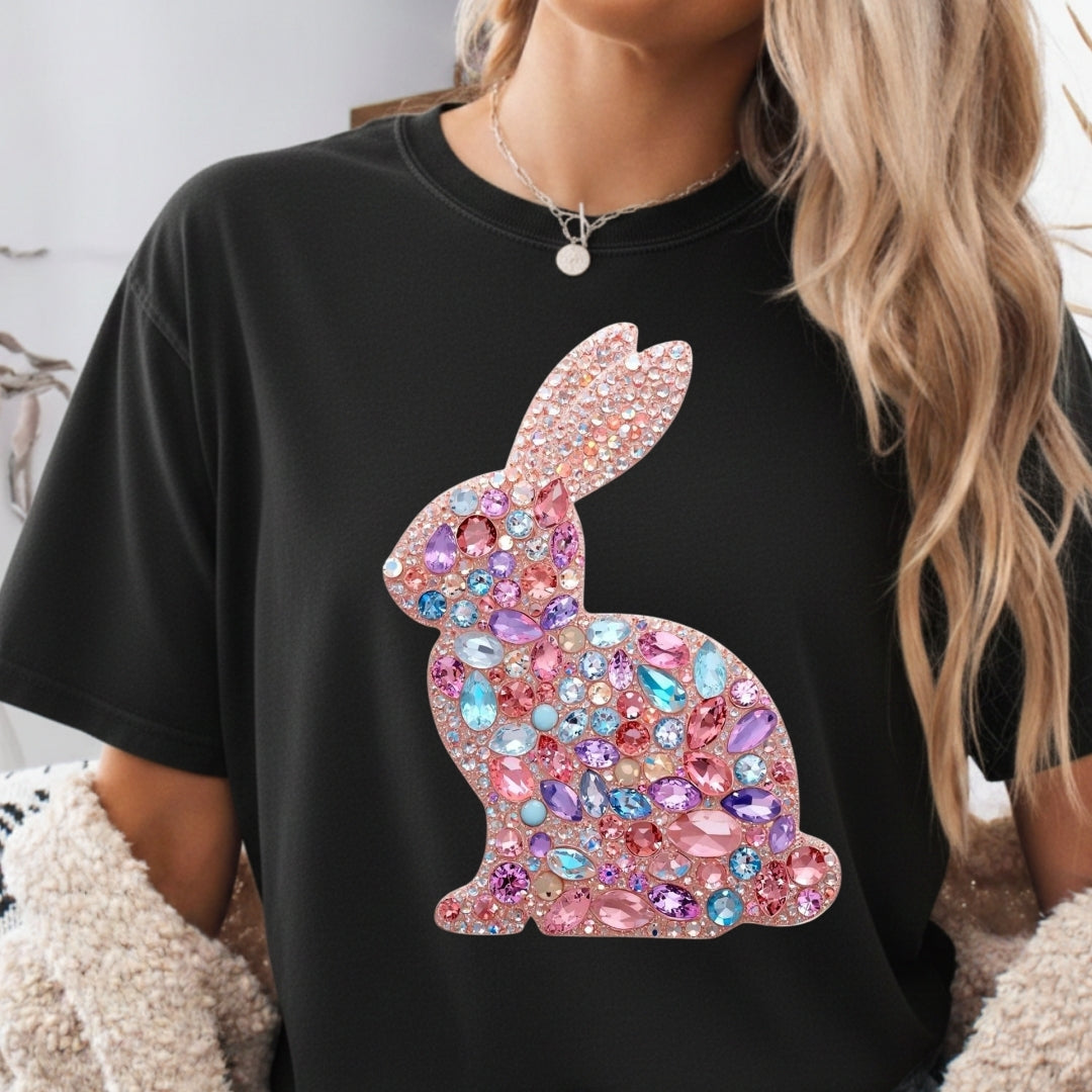 Black t-shirt with a colorful jeweled bunny design worn by a person.