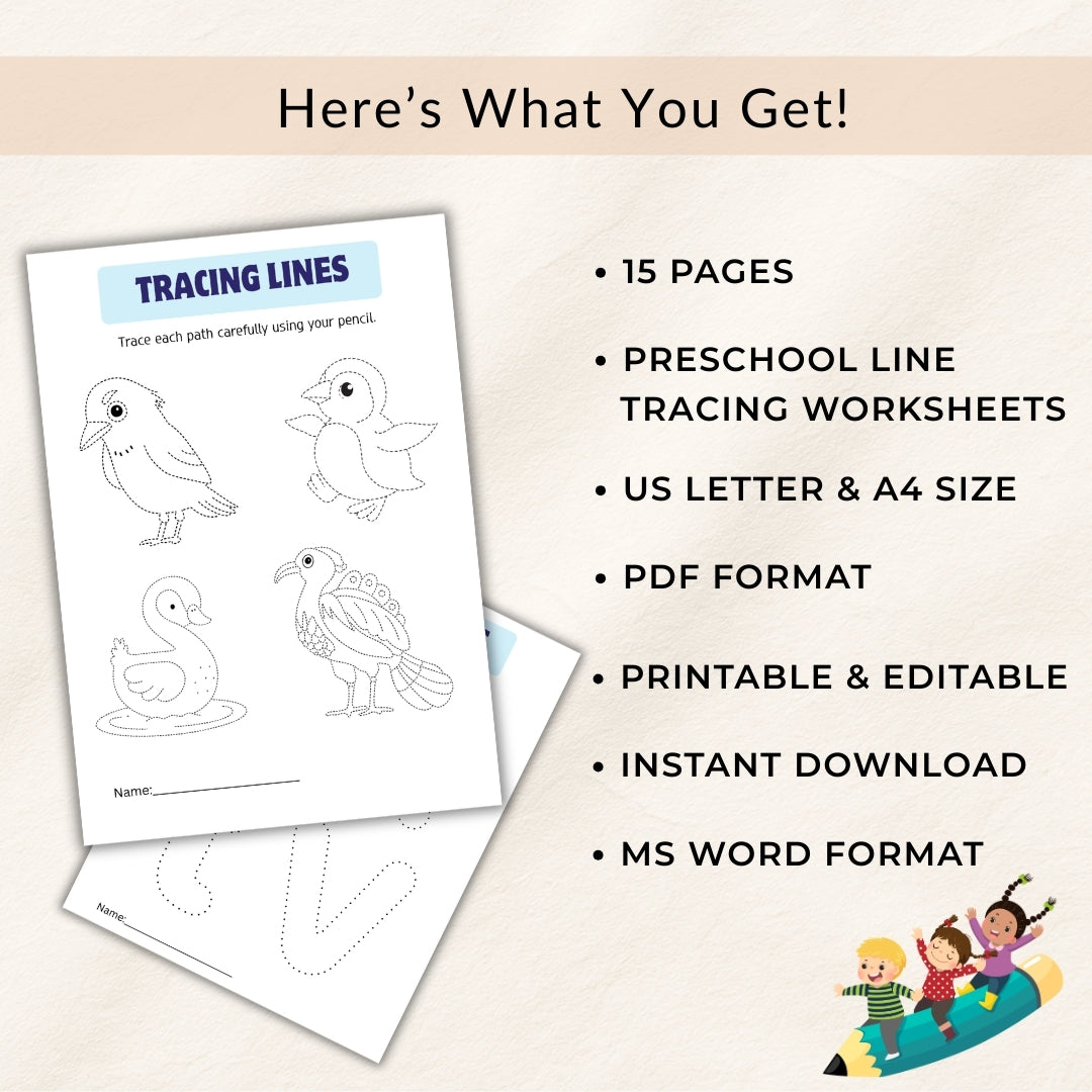 Tracing lines worksheet with duck illustrations and product details on a beige background