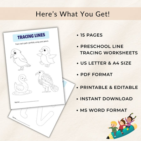 Tracing lines worksheet with duck illustrations and product details on a beige background