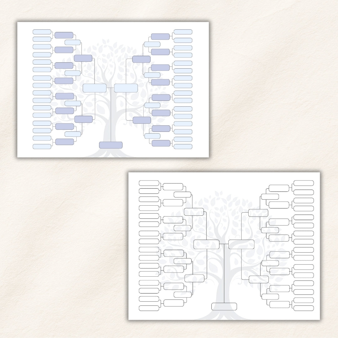 Two white posters with blue and black tree diagrams on a light beige background