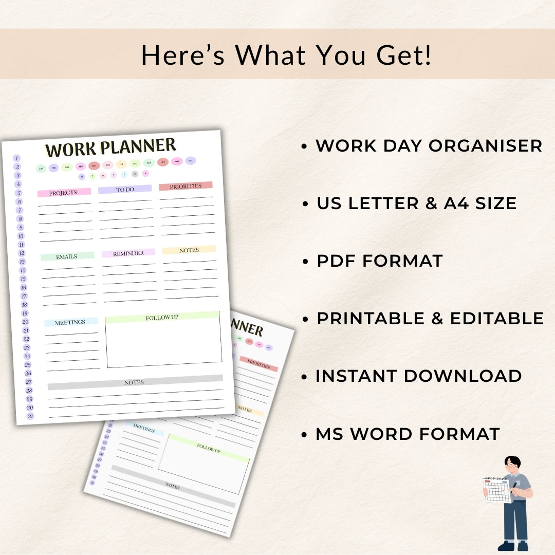 Work planner with features listed on a beige background