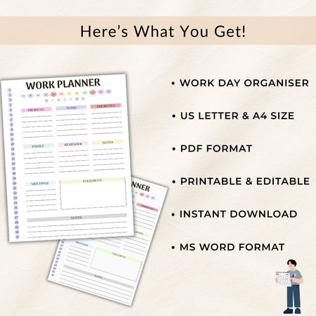 Work planner with features listed on a beige background