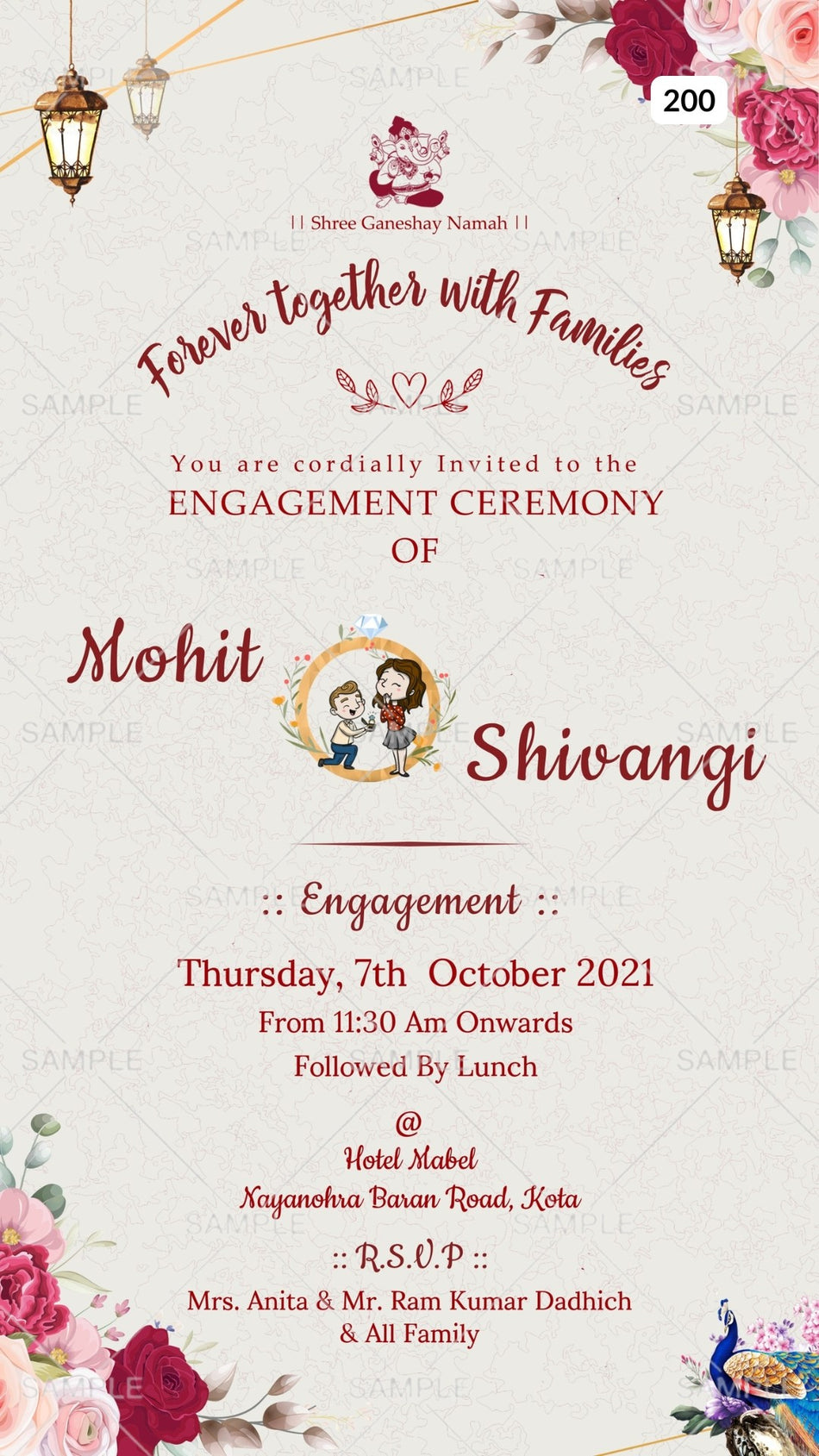 Engagement ceremony invitation card Canva Editable Template in english language with leaves, lantern as floral theme design 200