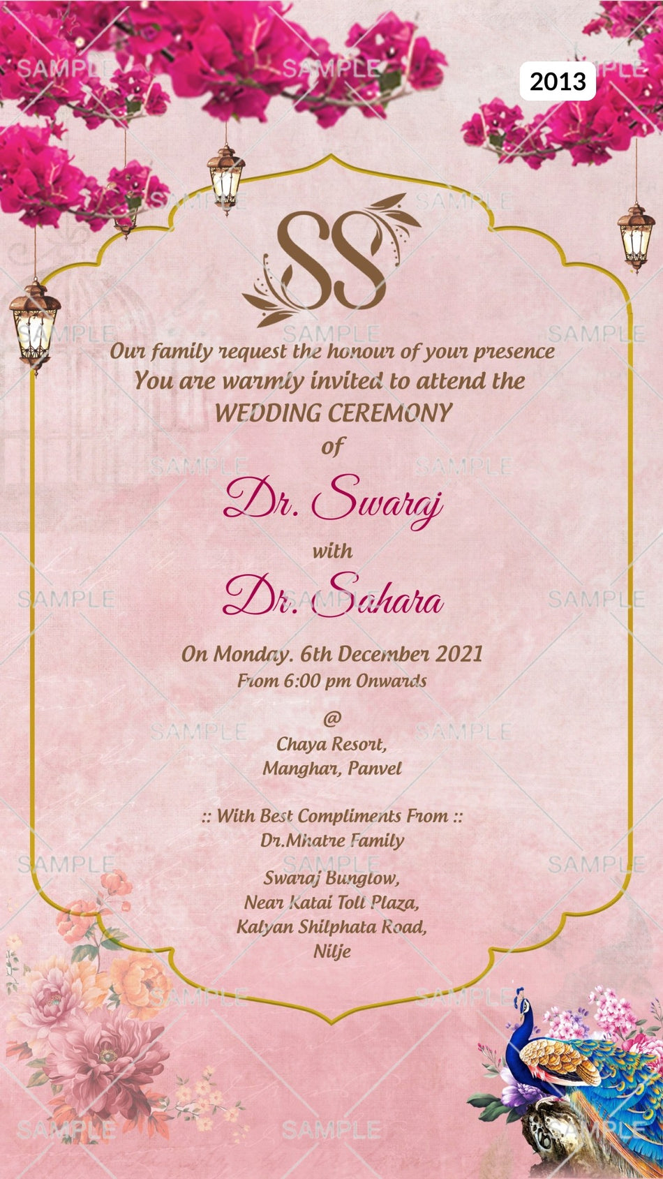 Wedding ceremony invitation card Canva Editable Template of hindu maharashtrian marathi family in english language with floral theme design 2013
