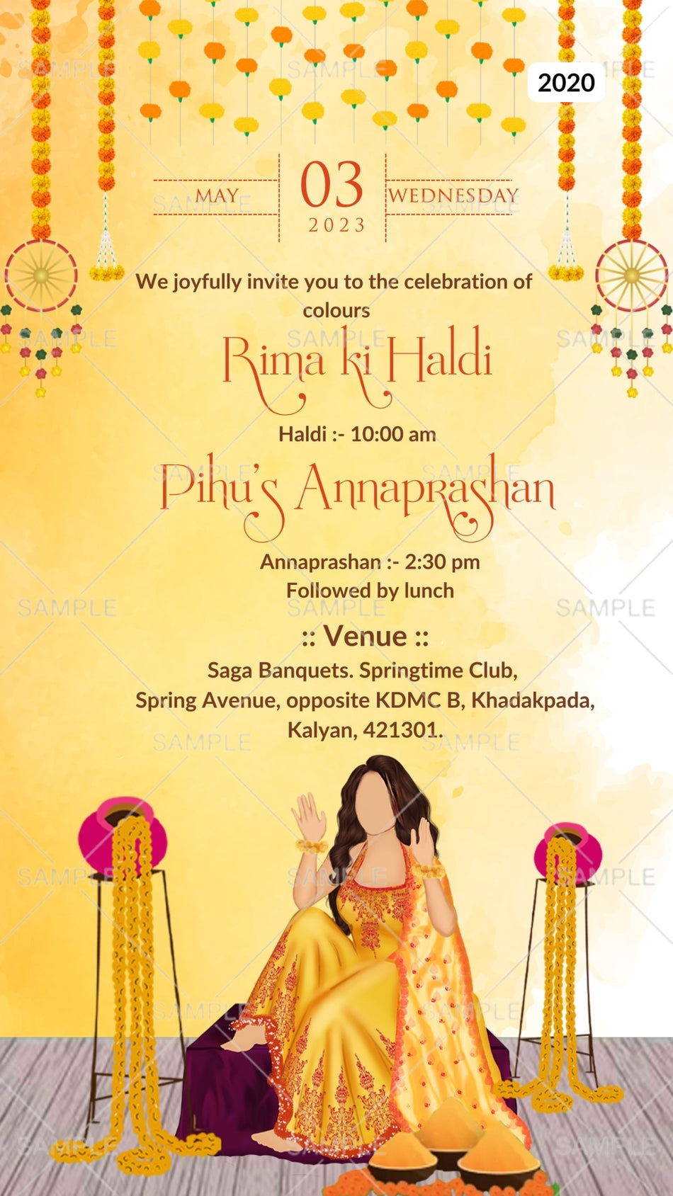 Wedding ceremony invitation card Canva Editable Template of hindu south indian telugu family in english language with traditional theme design 2020