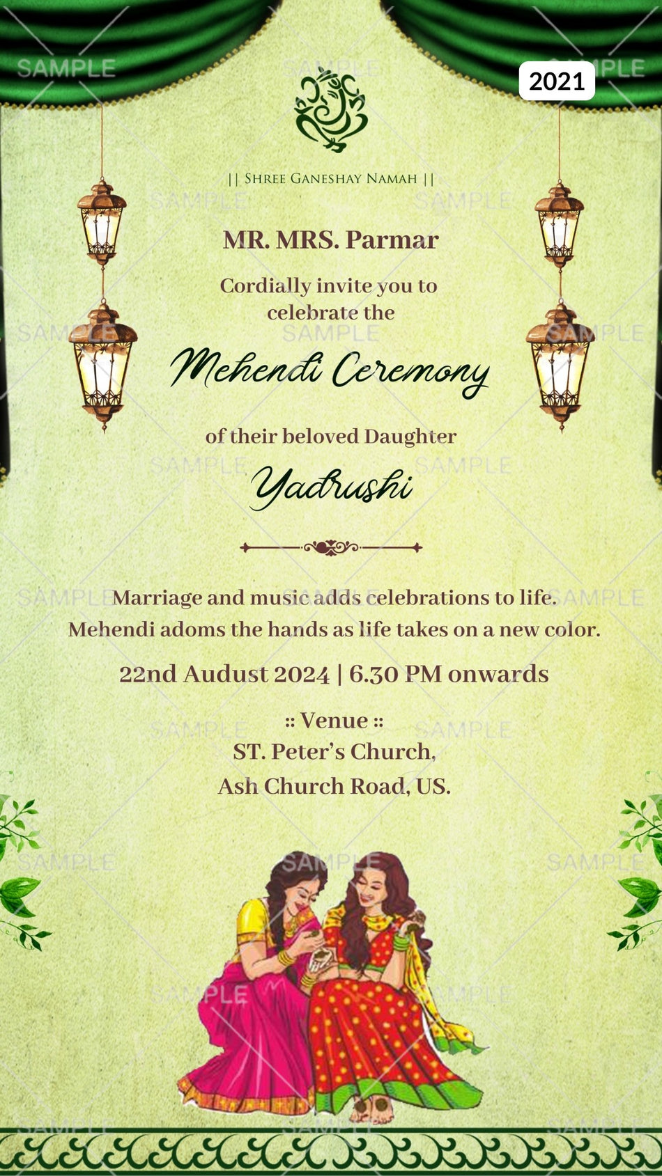 Mehendi ceremony invitation card Canva Editable Template in english language with flower, lantern as curtain theme design 2021