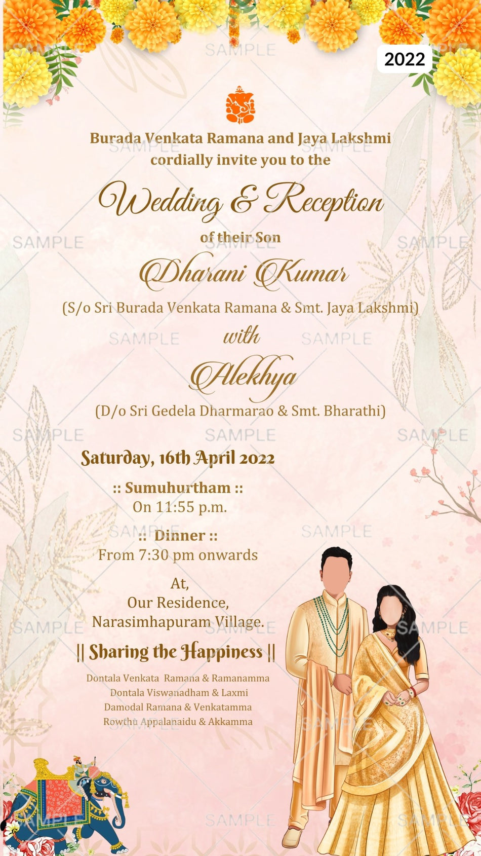 Stylish couple doodle invitation card Canva Editable Template for the wedding ceremony of Hindu south indian telugu family in english language with floral theme design 2022