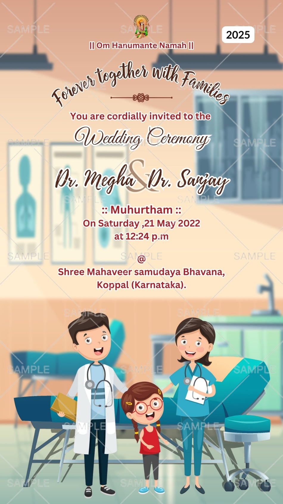 doctor couple doodle digital invitation card Canva Editable Template for wedding ceremony of hindu south indian Kannada family in english language with hospital theme design 2025
