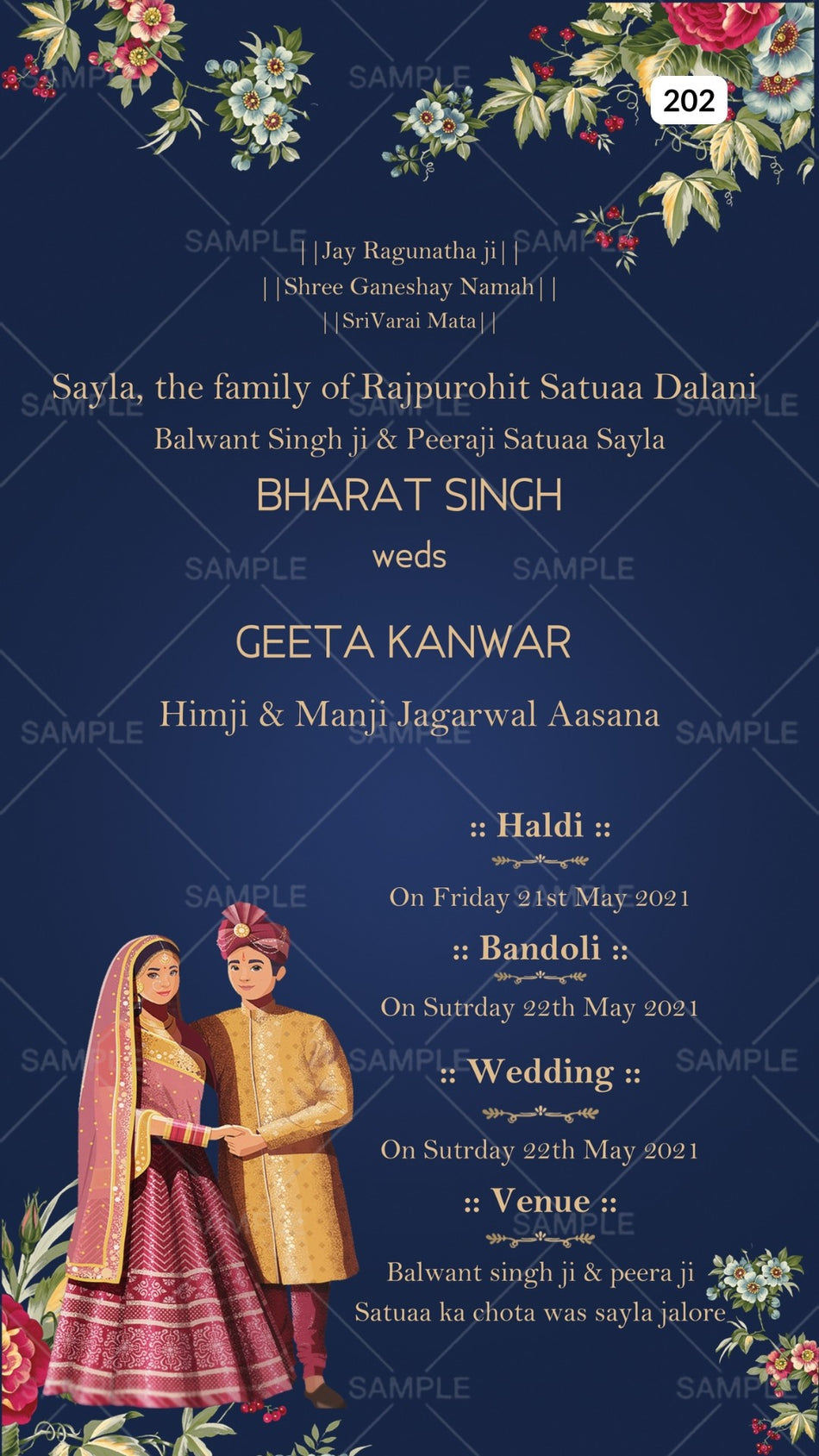 Wedding ceremony invitation card Canva Editable Template of hindu punjabi sikh family in english language with Minimalistic theme design 202