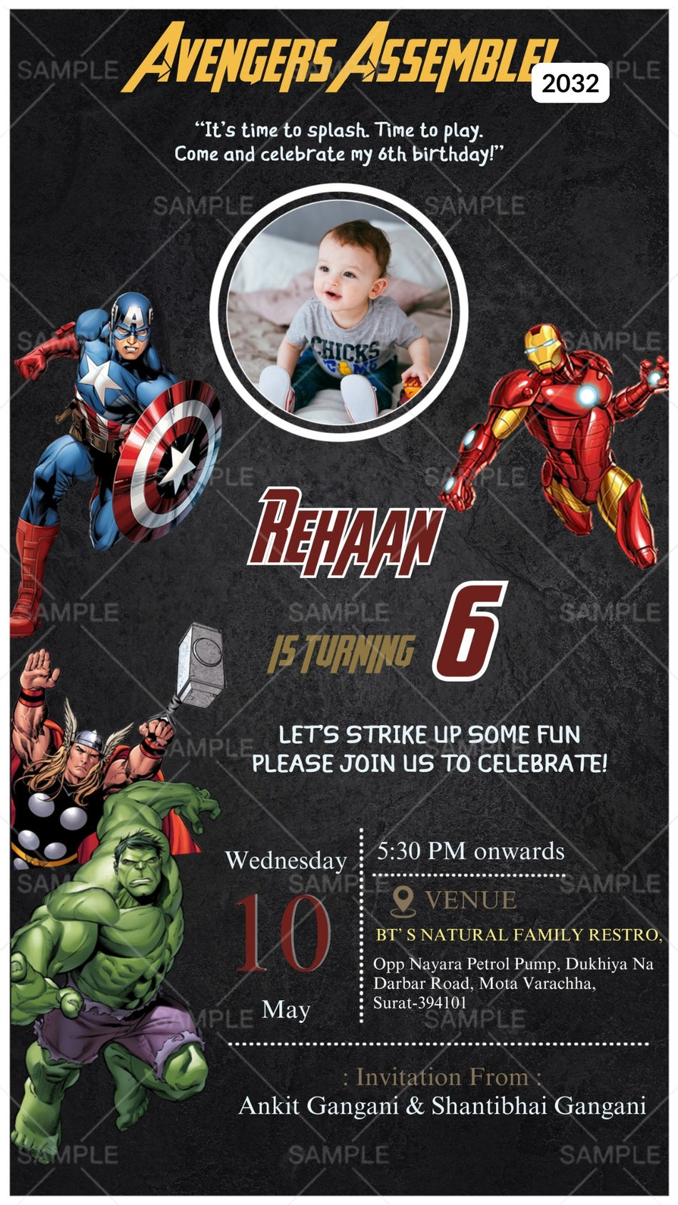 Birthday party invitation card Canva Editable Template for boy in English language with avengers theme design 2032