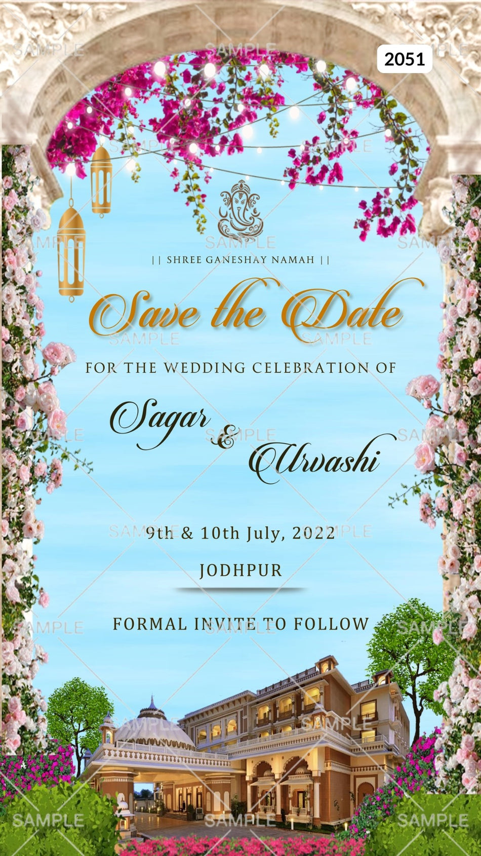Wedding ceremony invitation card Canva Editable Template of hindu rajasthani royal family in english language with  traditional arch theme Canva Editable Template design 2051