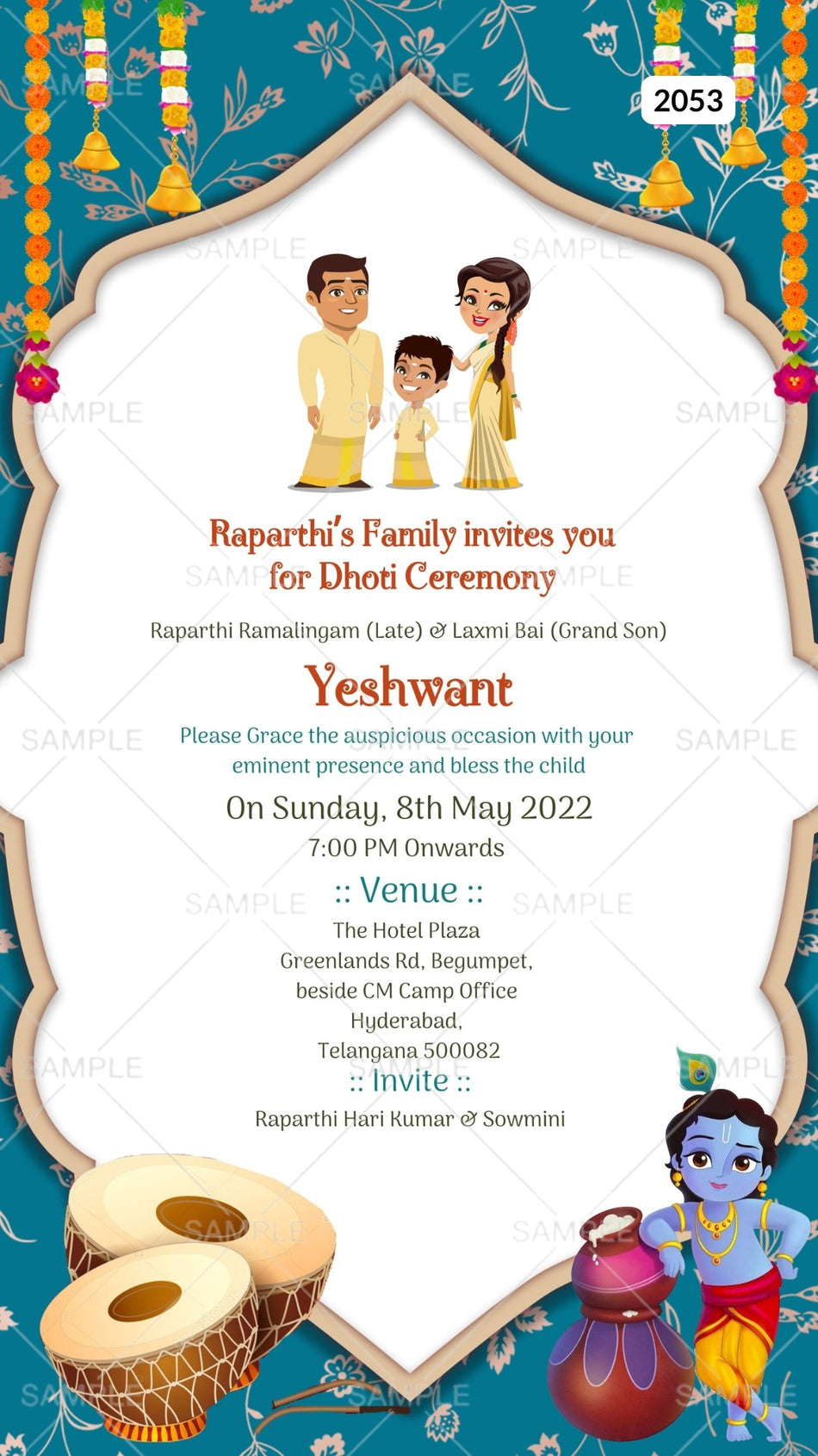 Dhoti ceremony invitation card Canva Editable Template in english language with krishna as arch theme design 2053
