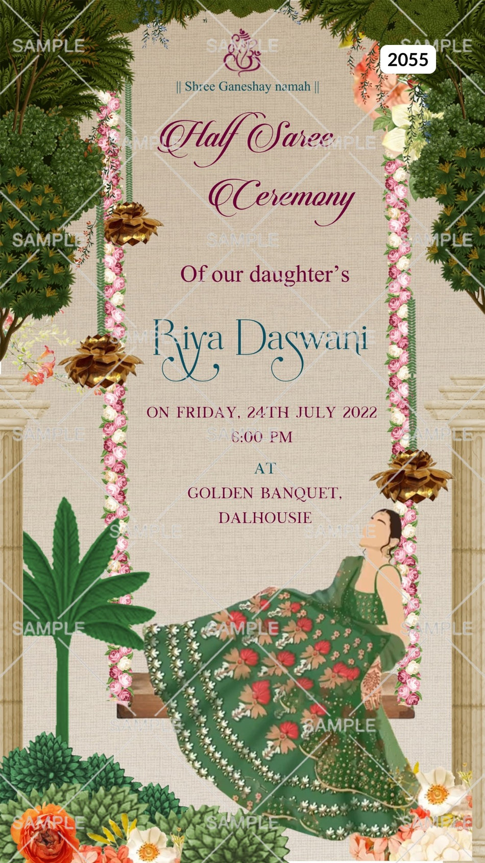 Half Saree ceremony invitation card Canva Editable Template in english language with garden theme design 2055