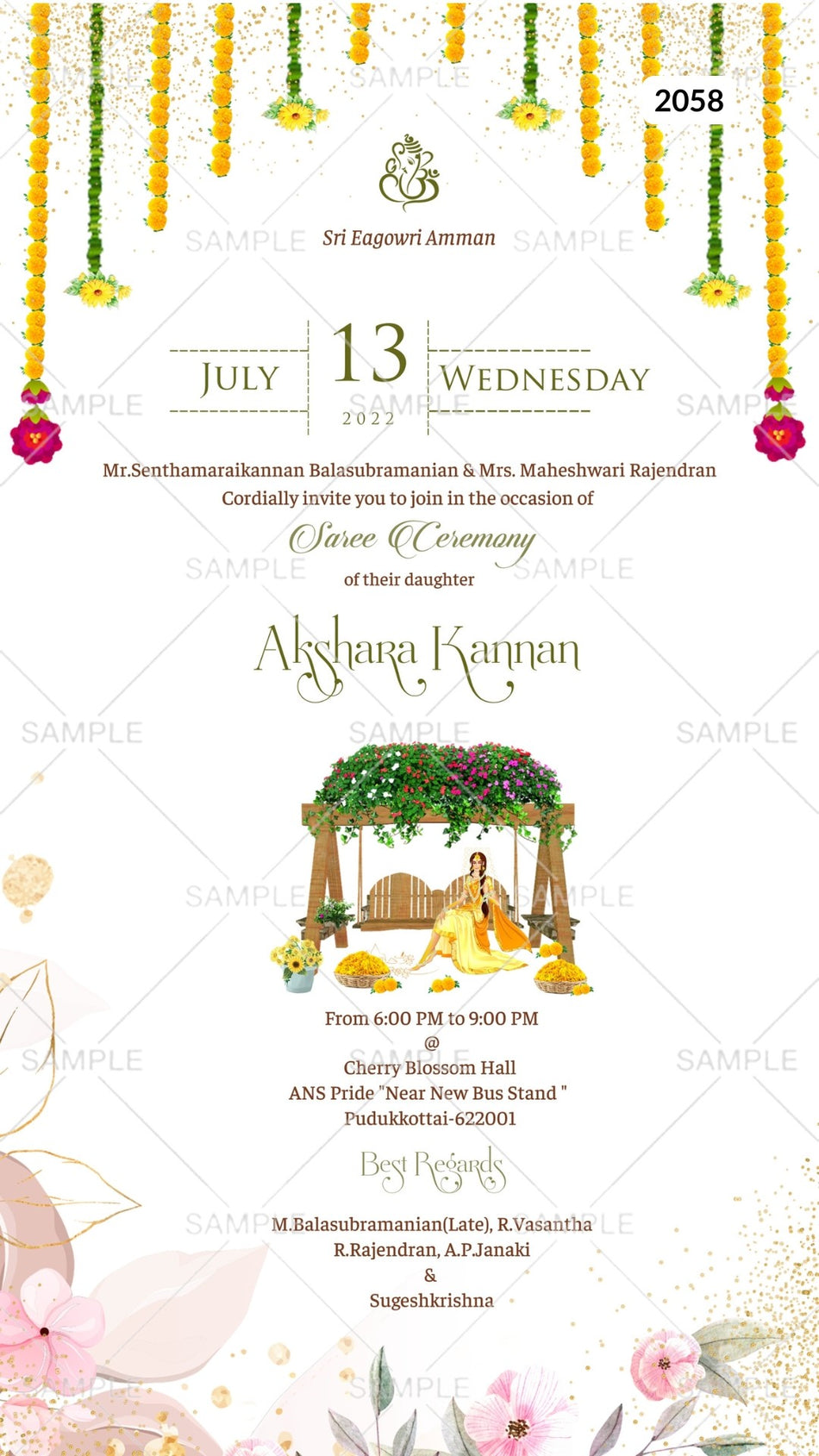Half Saree ceremony invitation card Canva Editable Template in english language with floral theme design 2058