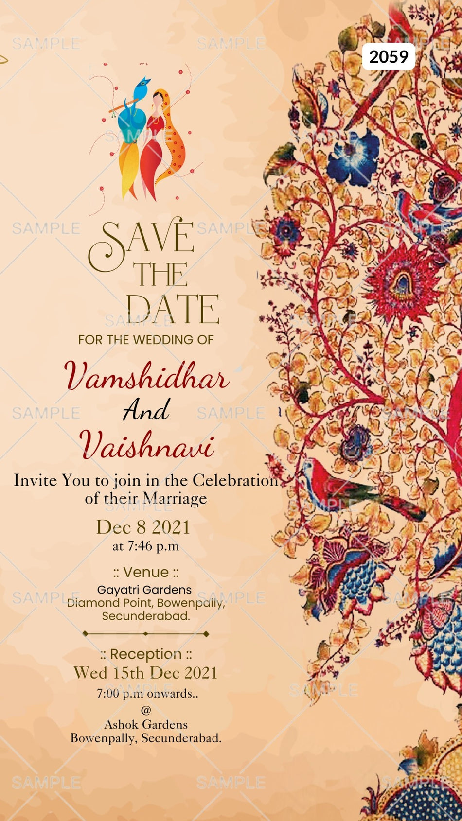 Wedding ceremony invitation card Canva Editable Template of hindu south indian telugu family in english language with traditional theme design 2059