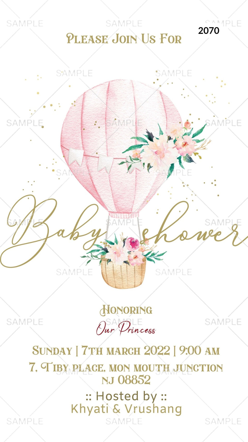 Baby Shower ceremony invitation card Canva Editable Template in english language with balloon, flowers, leaves as  minimalistic theme design 2070