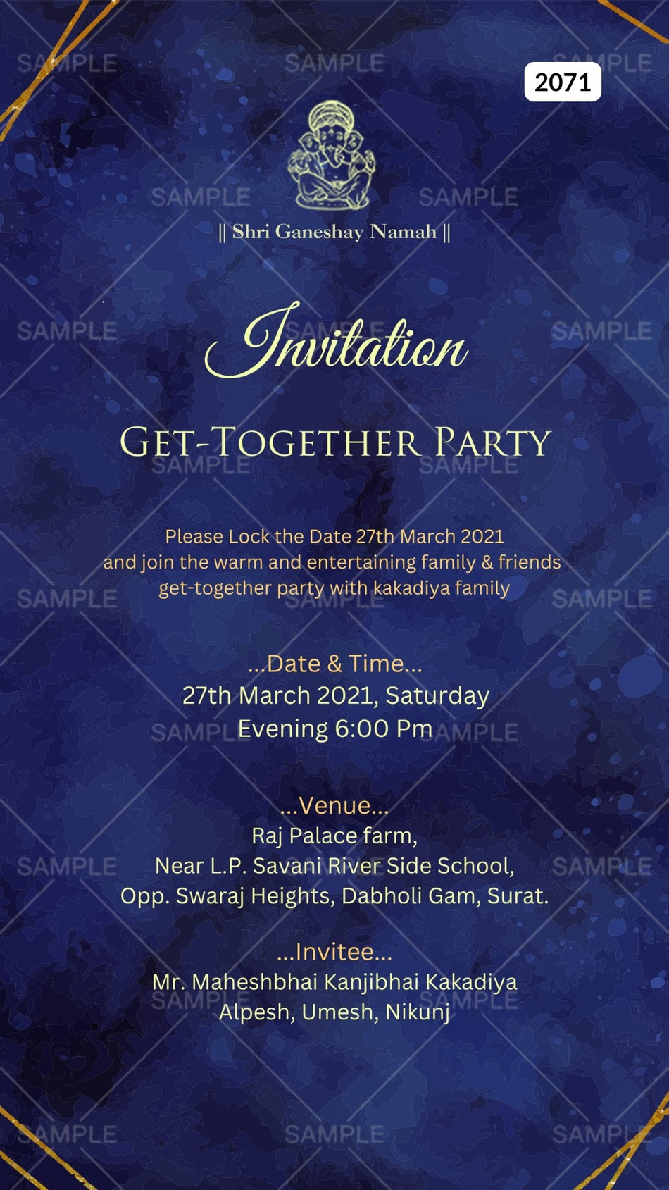 Get Together Party invitation card Canva Editable Template in english language with golden lines as minimalistic theme design 2071